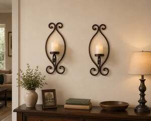 Set of 2 Vintage Style Wrought Iron Scroll Wall Sconce Candle Holders